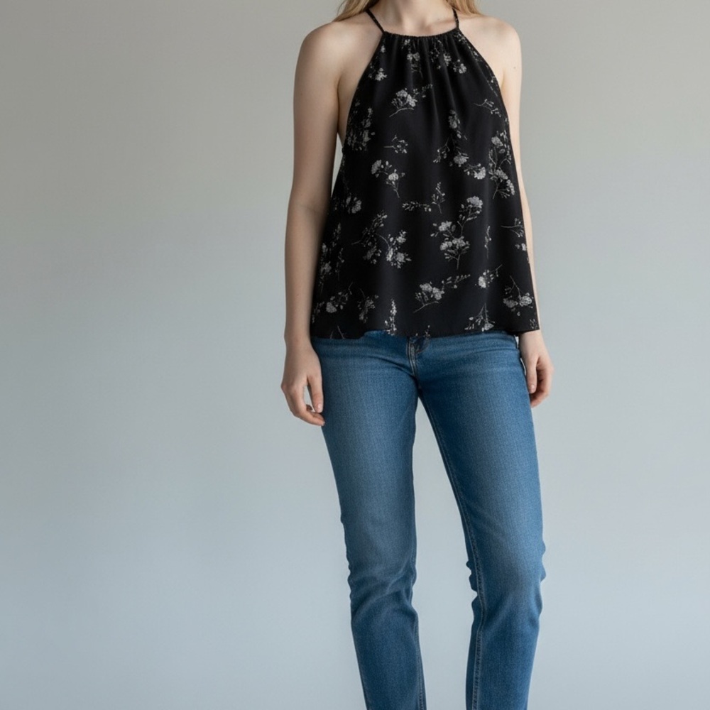 Paper Moon High-Neck Floral Halter Blouse – Size L – Black/White Lightweight Top